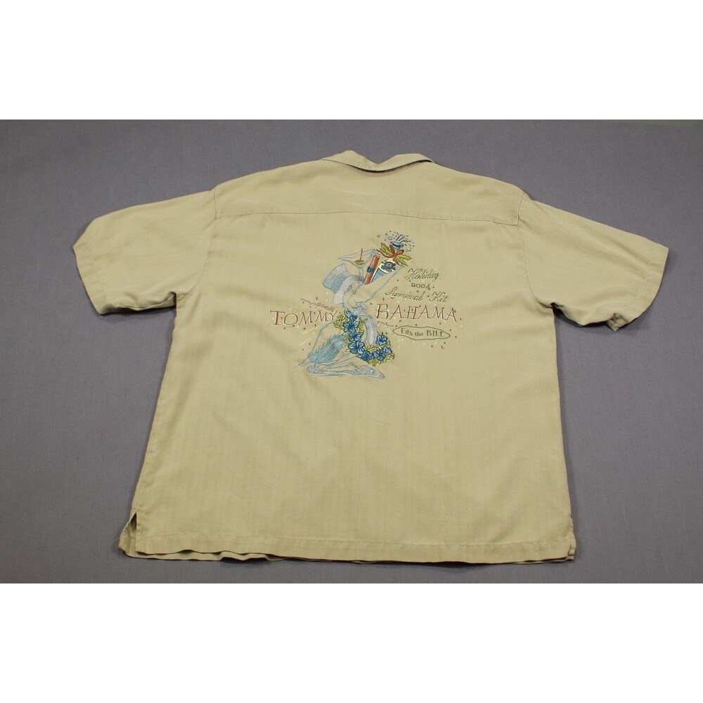TOMMY BAHAMA 2004 HOLIDAY SURVIVAL KIT SHIRT Tan SILK Short Sleeve XL - Picture 2 of 10